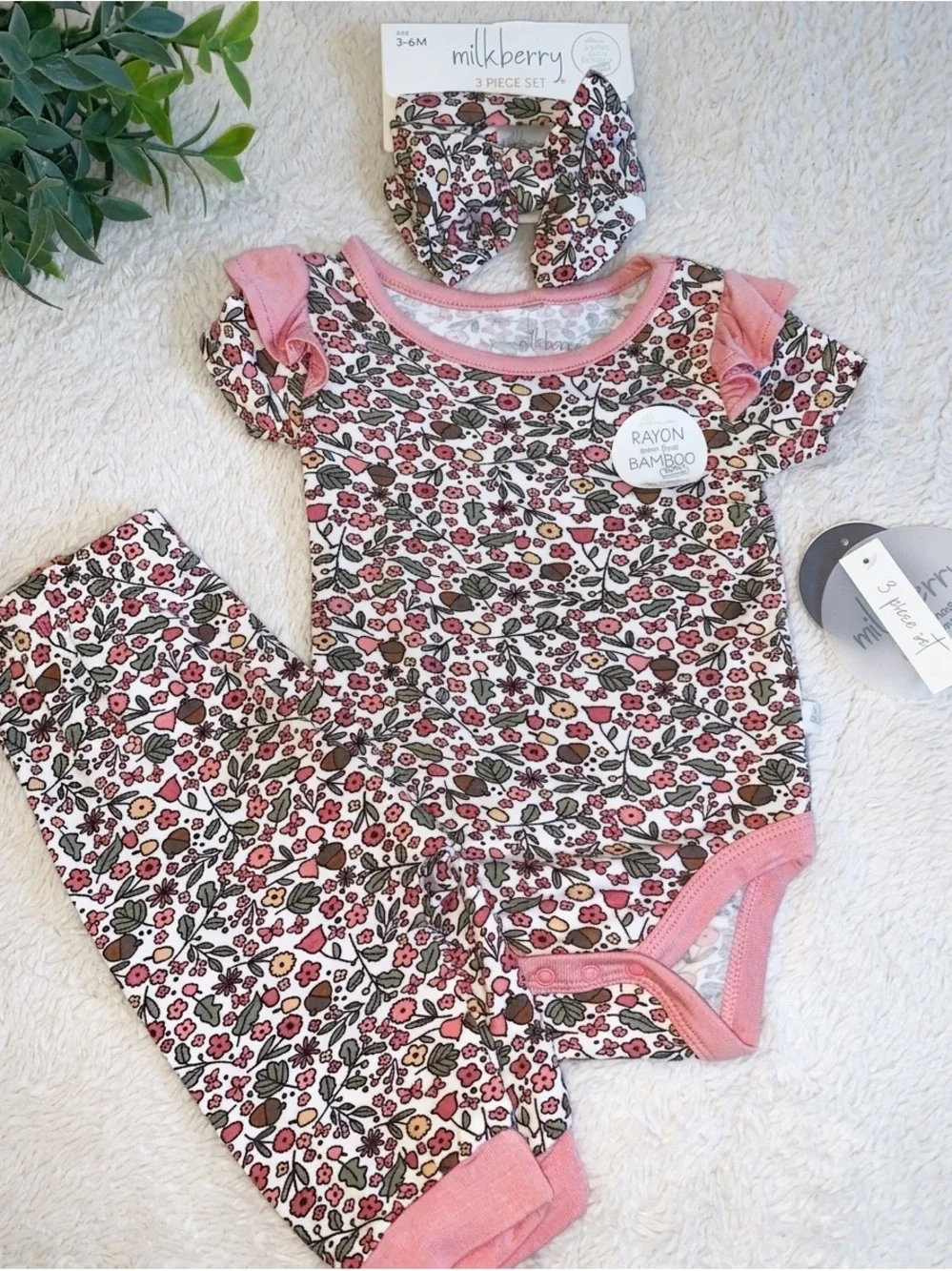 NWT Milkberry 3pc Set 3-6M Bamboo Bodysuit Pants Headband Acorns